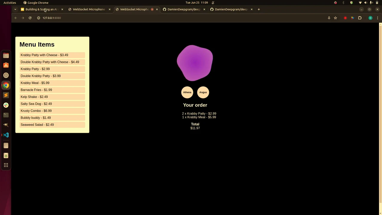 Ordering interface with a menu, purple shape, Athena and Angus voice buttons, and an order listing two Krabby Patties and one Krabby Meal.