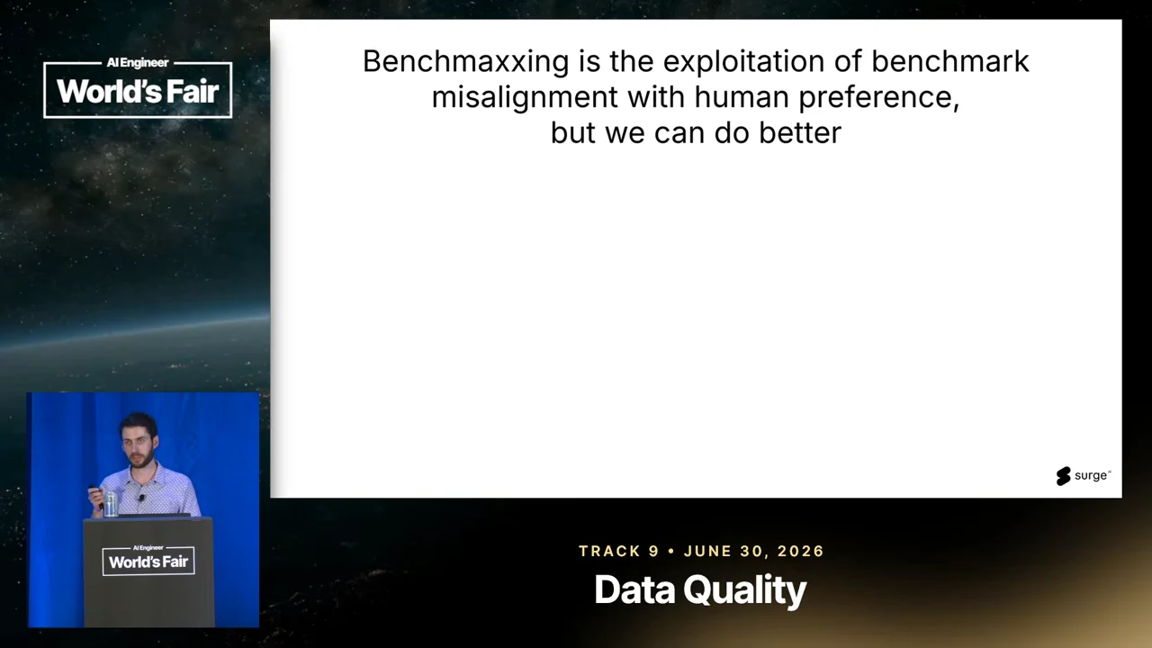 White closing slide containing a single statement defining benchmaxxing as exploitation of benchmark misalignment with human preference and saying we can do better.