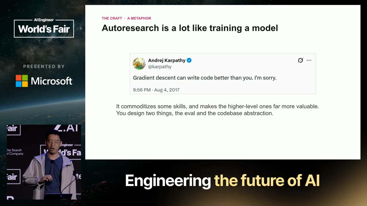 Slide titled “Autoresearch is a lot like training a model” includes Karpathy’s tweet about gradient descent writing code and text identifying evaluation and codebase abstraction as design work.
