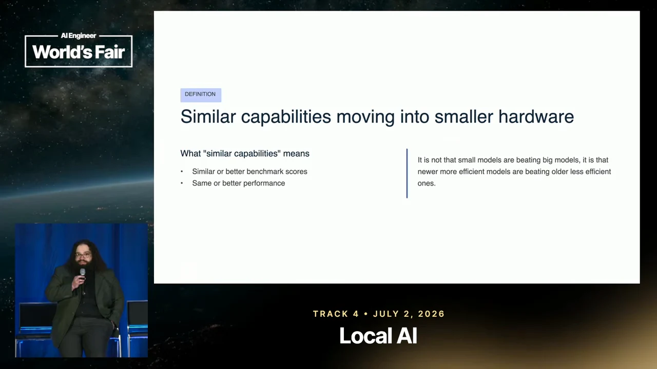 Slide defining similar capabilities as similar or better benchmark scores and performance, alongside a note about newer efficient models beating older less efficient ones.
