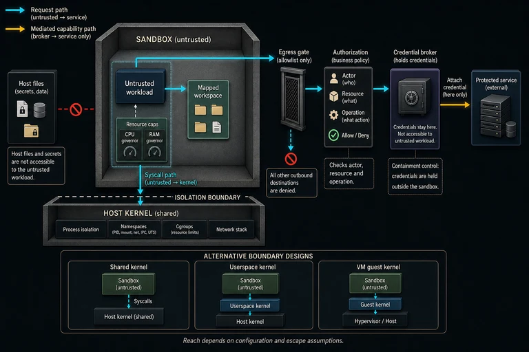A workload has bounded filesystem access and mediated egress. Separate external business authorization and a credential broker govern service requests outside the workload.