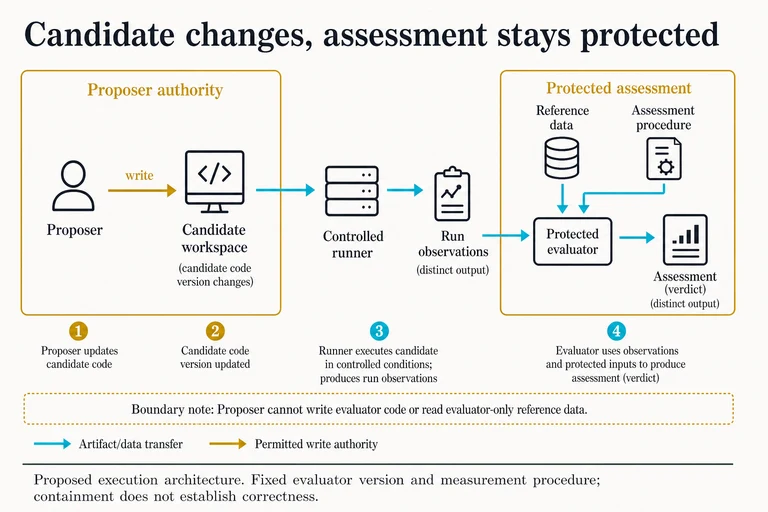 This proposed architecture separates candidate writes, controlled execution, retained observations and protected assessment. Proposer and candidate cannot write evaluator code or read evaluator-only reference data. Fixed assessment inputs and containment do not establish correctness or independent confirmation.