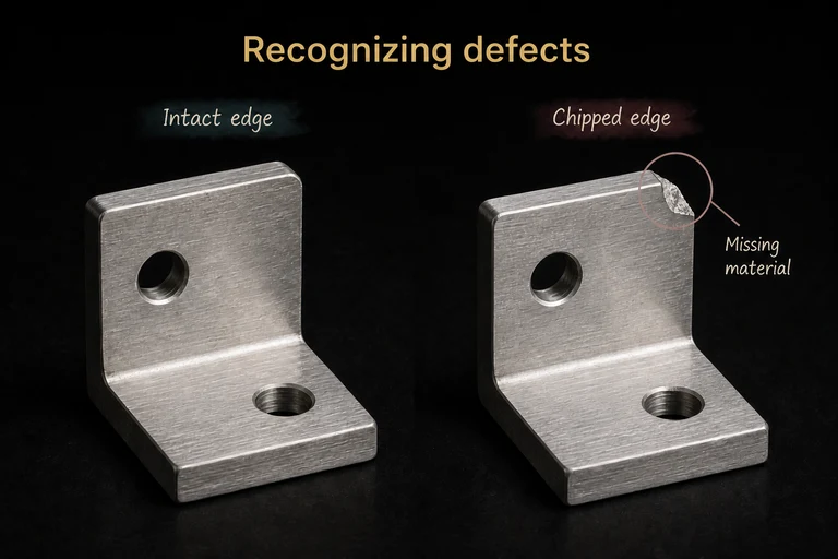 Two synthetic aluminum brackets: the left has an intact edge; the right has a visible chip at the upper-right corner, circled and labeled missing material.