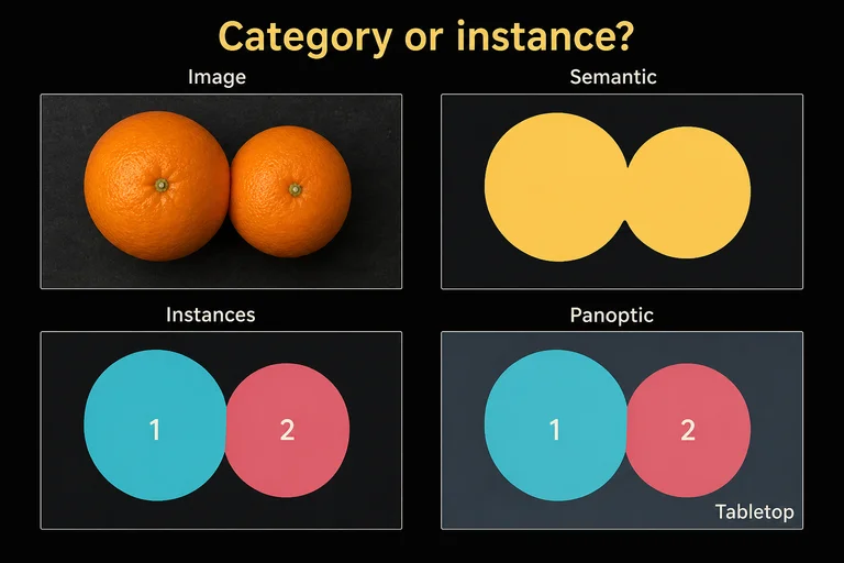 Two touching oranges share a semantic category but have separate numbered instance regions. A panoptic view also labels the tabletop.
