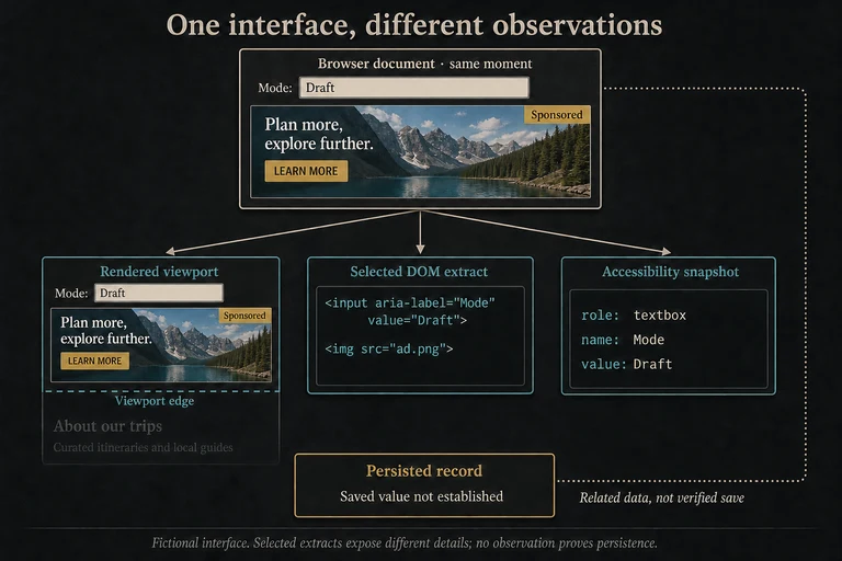 A fictional Mode field with value Draft appears in a viewport, selected DOM and accessibility snapshot. Image lettering appears in the viewport. Independent extraction arrows and a dotted record association distinguish observation from persistence.