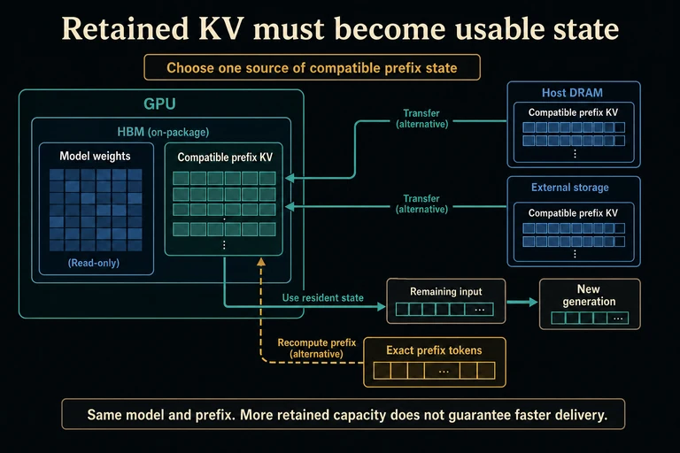 Separate weights and prefix KV in GPU HBM. Alternative DRAM or storage transfers and token recomputation supply compatible KV before remaining input and new generation.