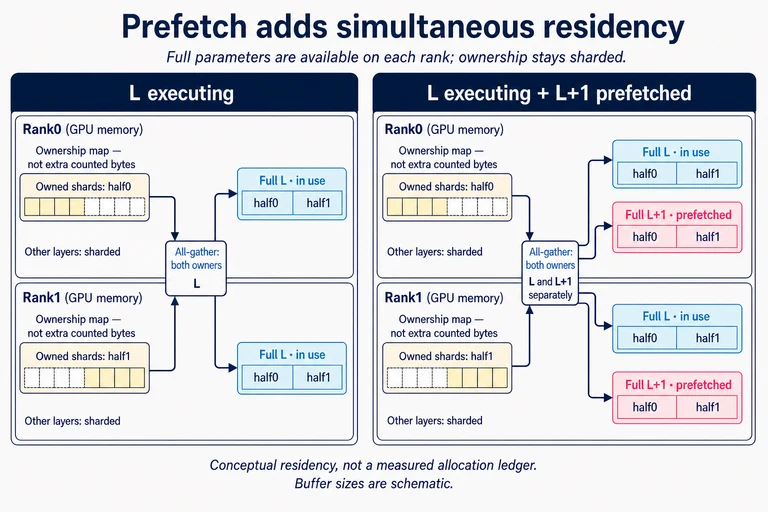 Two ranks retain complementary ownership. Both have full current layer L; prefetch adds full L+1 on each rank through all-gather from both owners.