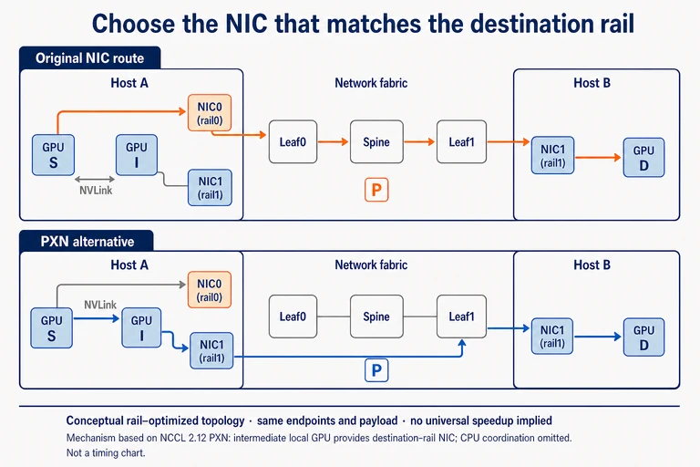 The same source and destination use either the original NIC through a spine or local NVLink and a destination-rail NIC through Leaf1.