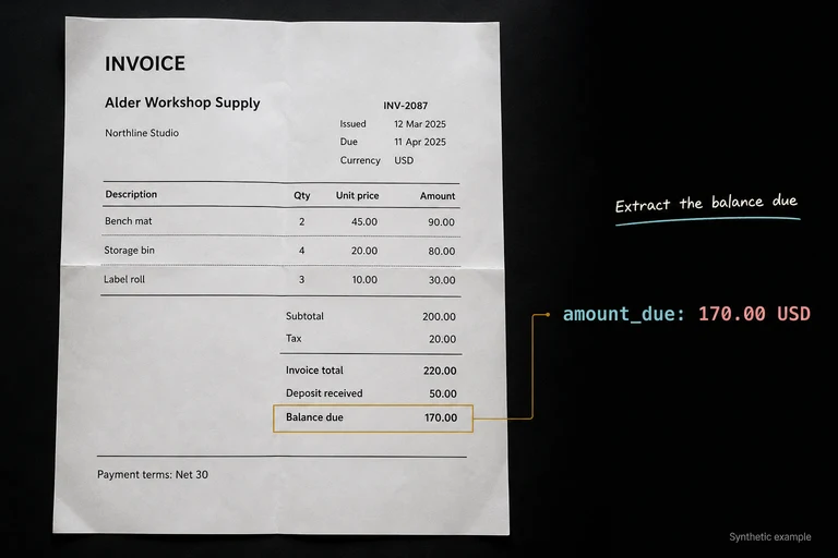 Fictional invoice: subtotal 200 USD plus 20 tax gives a total of 220. A 50 USD deposit leaves a balance due of 170 USD. Only the balance-due row connects to amount_due: 170.00 USD.