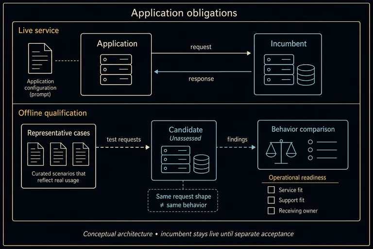 A live application exchanges requests and responses only with its incumbent model. A separate offline lane sends representative cases to an unassessed candidate and then to behavior comparison. Service fit, support fit and receiving-owner readiness remain unchecked.