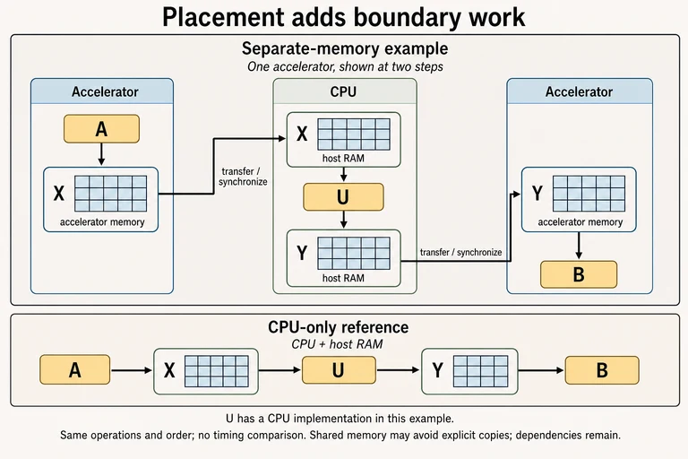 In a separate-memory example, accelerator operation A produces X, which transfers into host RAM for CPU operation U. Its output Y transfers back into accelerator memory for B. A CPU-only reference keeps the same operations and order in host memory.
