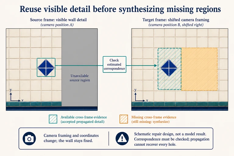 Cross-frame repair can reuse content visible elsewhere when estimated correspondence passes its checks. Masked regions still lacking evidence require synthesis and refinement. This fictional frame pair illustrates the mechanism, not a measured model result.