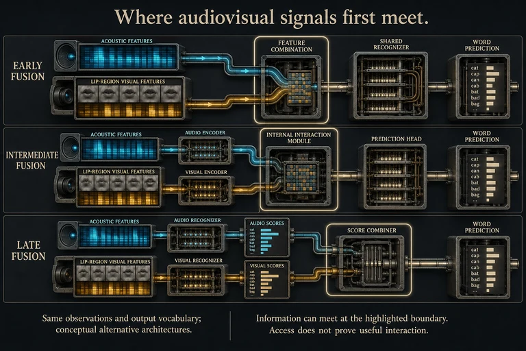 Three audio and visual processing paths. Early fusion combines features before a shared recognizer. Intermediate fusion connects separate encoders to internal interaction. Late fusion passes separate recognizers’ score vectors to a combiner, with no feature bypass.