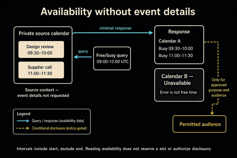 A free/busy query from09:00 to12:00UTC returns Calendar A busy intervals09:30–10:00 and11:00–11:30 without private titles. Calendar B is unavailable, not free. Disclosure to an audience depends separately on approved purpose and audience.