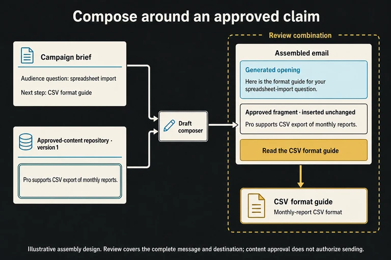 A campaign brief and versioned approved-content repository feed a draft composer. The assembled email keeps its generated opening separate from an unchanged approved claim and links to a CSV format guide. Review covers both email and destination.