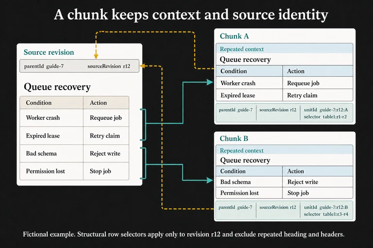 In this fictional example, the two chunks contain different rows from one document revision, with repeated headings and column headers for context. Each structural row selector applies to revision r12 and excludes that repeated context; unit identifiers distinguish the chunks from their parent document.