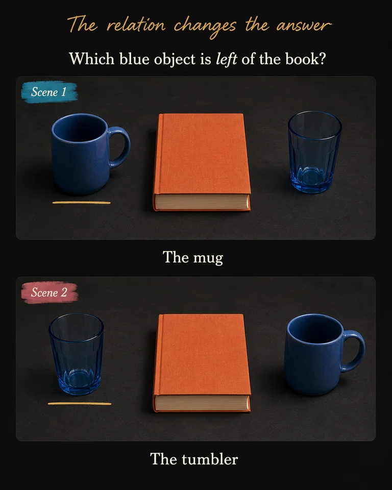 A blue mug is left of an orange book in the first scene. In the second, a blue tumbler is left of the book and the mug is on the right.