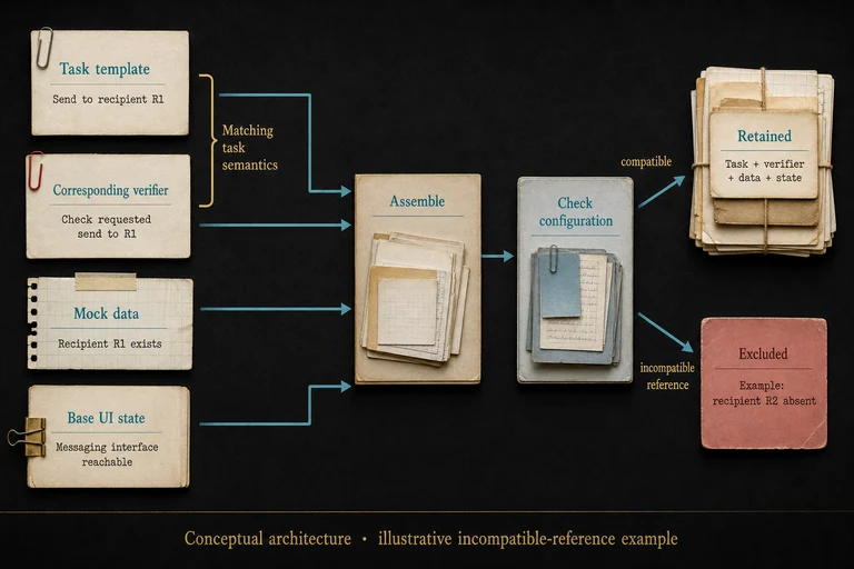 Task template and matching verifier reference recipient R1. Mock data contains R1 and a base interface permits messaging. All four enter assembly and a configuration check. Compatible bundles retain task, verifier, data and state; an illustrative absent R2 reference is excluded.