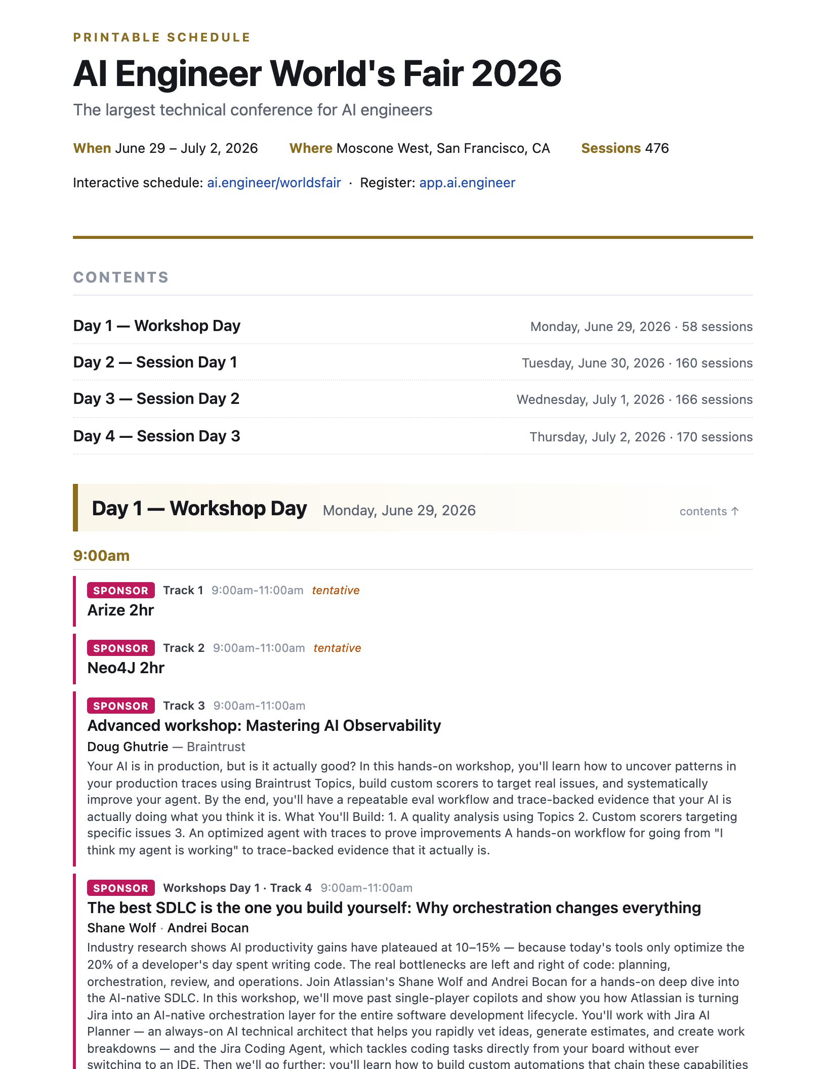 Preview of the printable AI Engineer World's Fair 2026 schedule PDF — white background, day-by-day session listing with hyperlinked talks